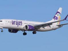 Arajet ofrece descuentos de hasta 50% sobre la tarifa base Boeing 737-8 MAX de Arajet en aproximación a Boston, archivo de 2025