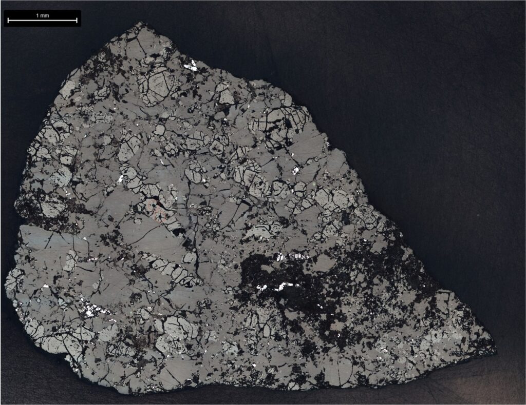 Micrografía real de una sección del meteorito Teghaza 001, con escala de un milímetro.